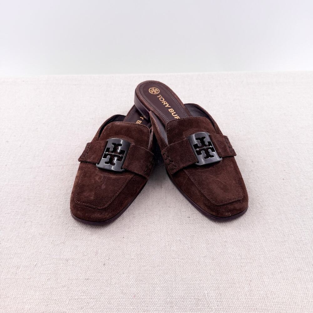 Tory Burch Suede Logo Buckle Slip On Mules Chocolate Brown Women's Size US 7